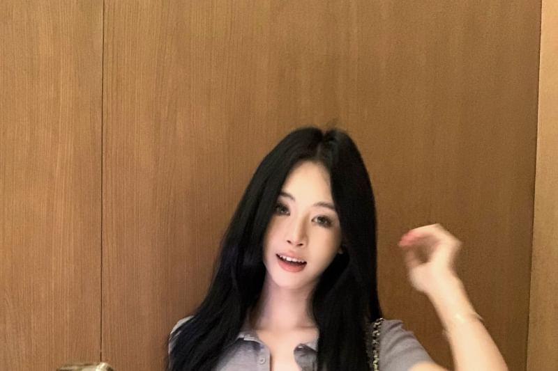 High Collared Short-Sleeve Plain Pants Tee Hot / Fit Waist Slim Half-Buttoned