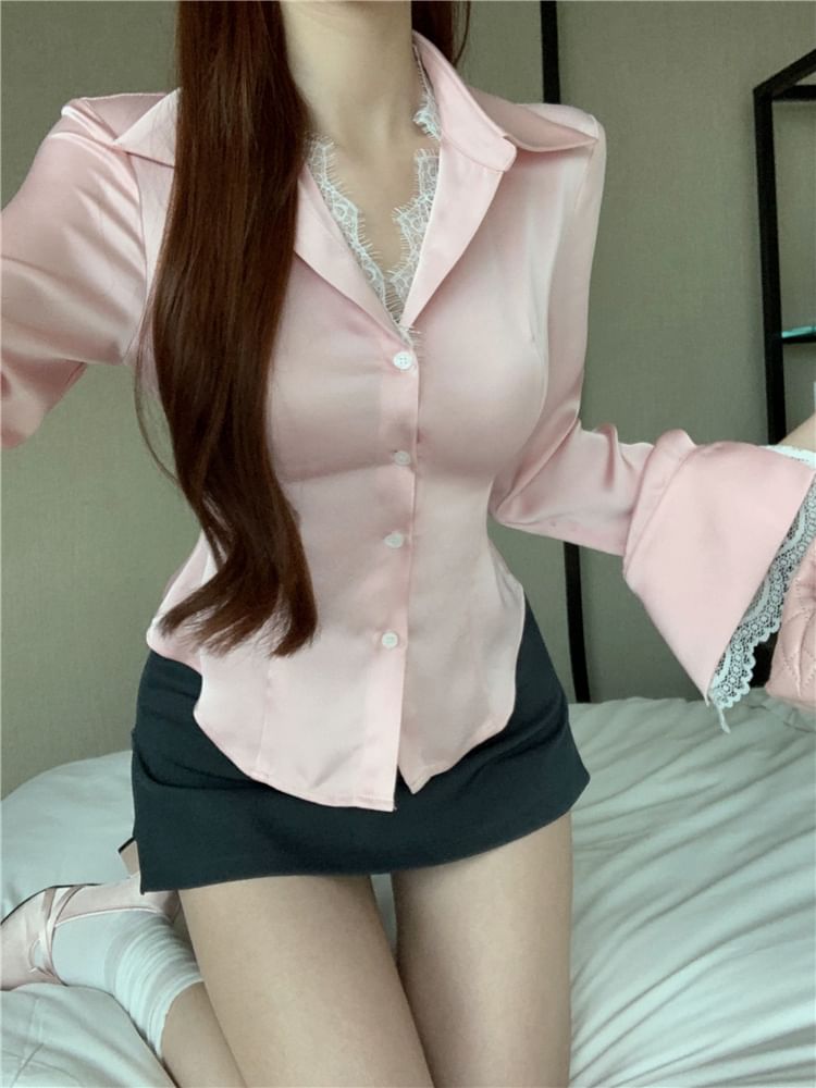Button-Up Mini High / Collared Trim Skirt Plain Pencil Long-Sleeve Blouse Rise Lace