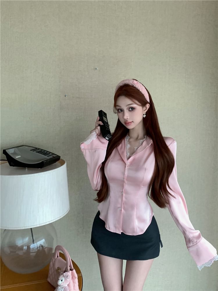 Button-Up Mini High / Collared Trim Skirt Plain Pencil Long-Sleeve Blouse Rise Lace