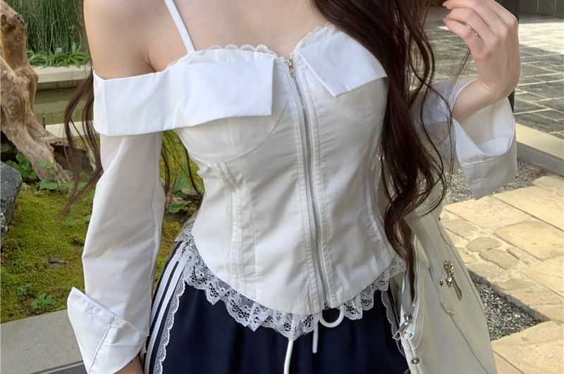 Waist Cold Fit Shoulder Blouse Lace Striped / Drawstring Loose Pants Trim Zip-Up Crop Long-Sleeve