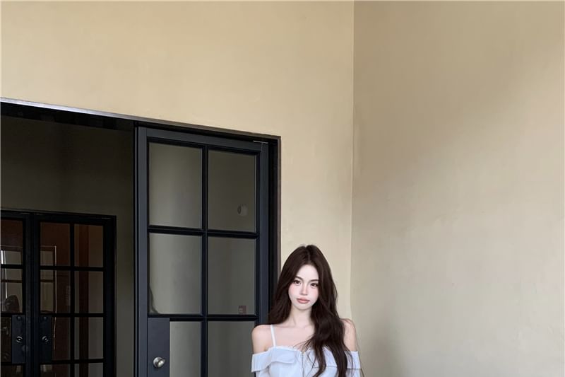 Waist Cold Fit Shoulder Blouse Lace Striped / Drawstring Loose Pants Trim Zip-Up Crop Long-Sleeve