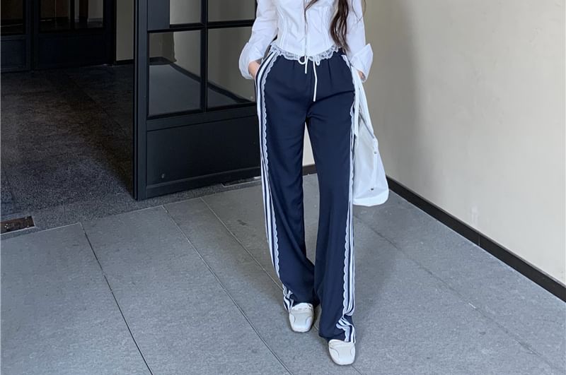 Waist Cold Fit Shoulder Blouse Lace Striped / Drawstring Loose Pants Trim Zip-Up Crop Long-Sleeve