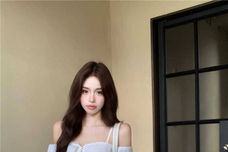 Waist Cold Fit Shoulder Blouse Lace Striped / Drawstring Loose Pants Trim Zip-Up Crop Long-Sleeve