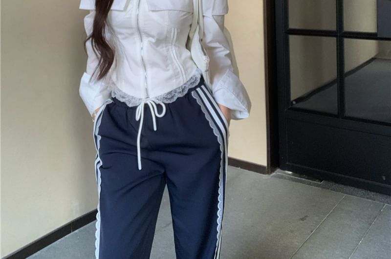 Waist Cold Fit Shoulder Blouse Lace Striped / Drawstring Loose Pants Trim Zip-Up Crop Long-Sleeve