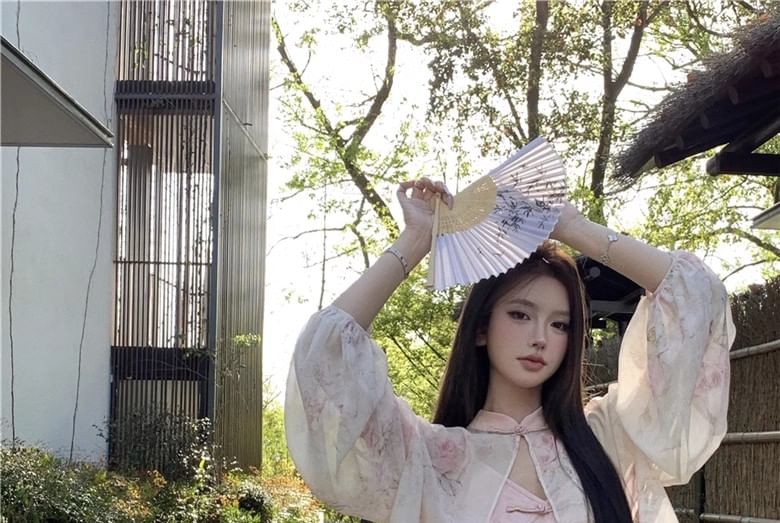 Dress Print V-Neck Slit Sheath Mandarin Spaghetti Strap Frog Jacket Floral Collar Closure Maxi / Jacquard Light