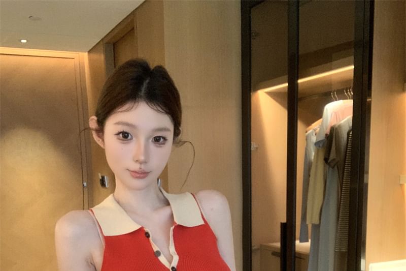 Tone Sleeveless Polo Ribbed Dress Mini Sheath Knit Two