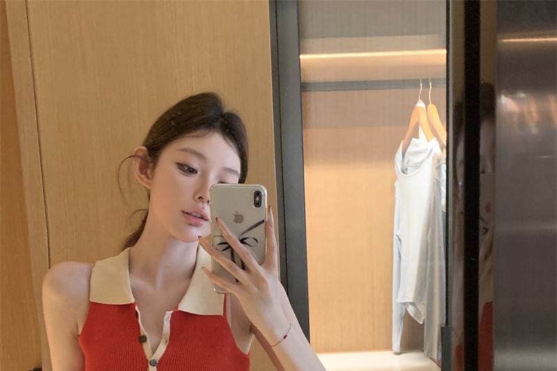 Tone Sleeveless Polo Ribbed Dress Mini Sheath Knit Two