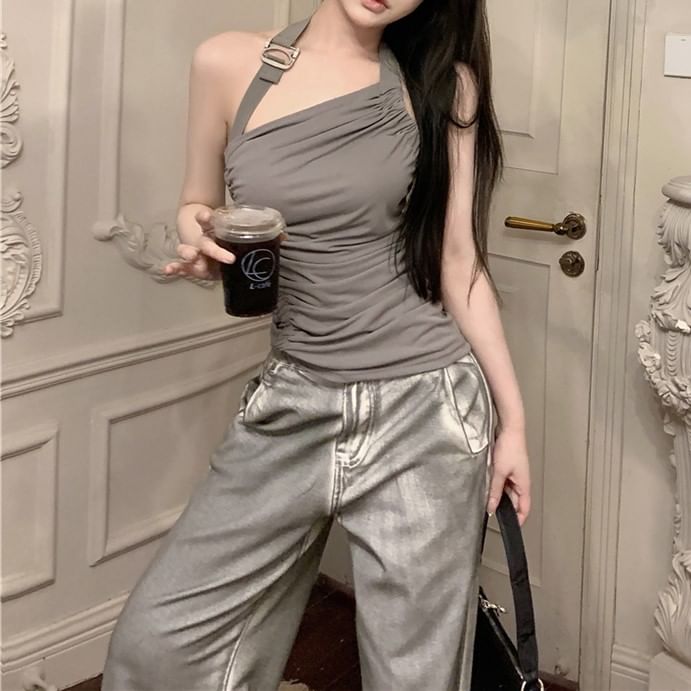 Neck Washed Jeans / Wide Leg Top Plain Asymmetrical Open Halter High Buckled Ruched Waist Back