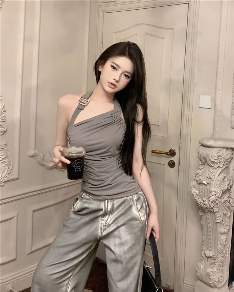 Neck Washed Jeans / Wide Leg Top Plain Asymmetrical Open Halter High Buckled Ruched Waist Back