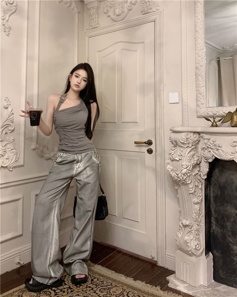 Neck Washed Jeans / Wide Leg Top Plain Asymmetrical Open Halter High Buckled Ruched Waist Back