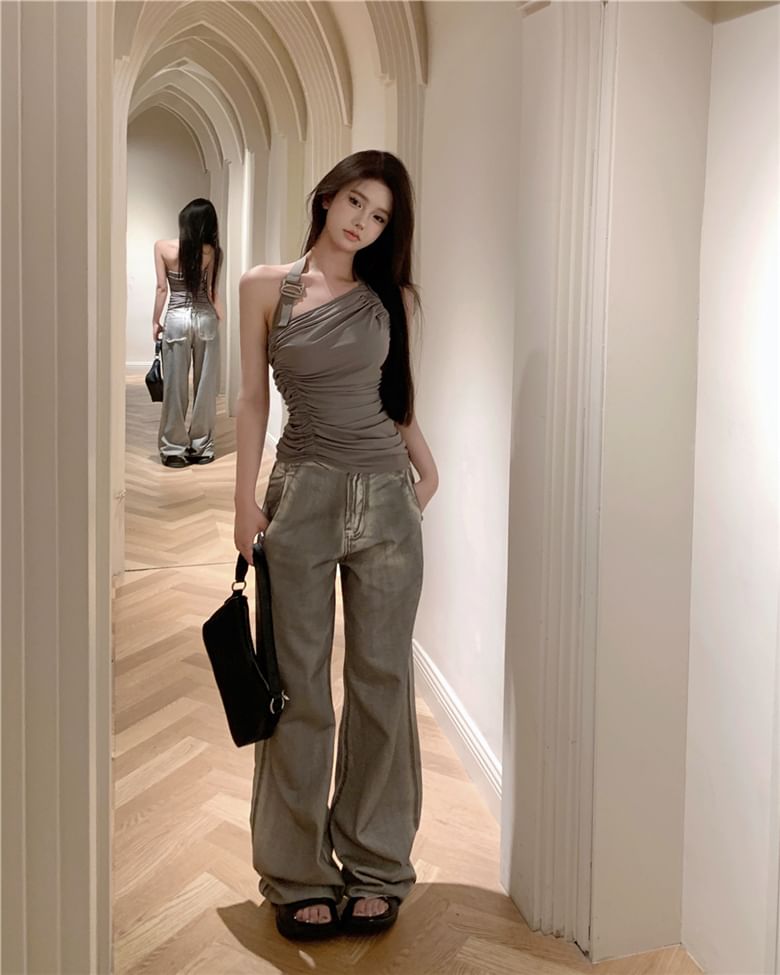 Neck Washed Jeans / Wide Leg Top Plain Asymmetrical Open Halter High Buckled Ruched Waist Back