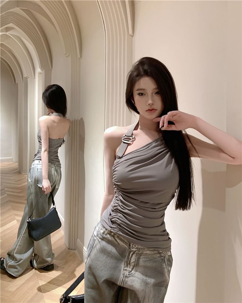 Neck Washed Jeans / Wide Leg Top Plain Asymmetrical Open Halter High Buckled Ruched Waist Back