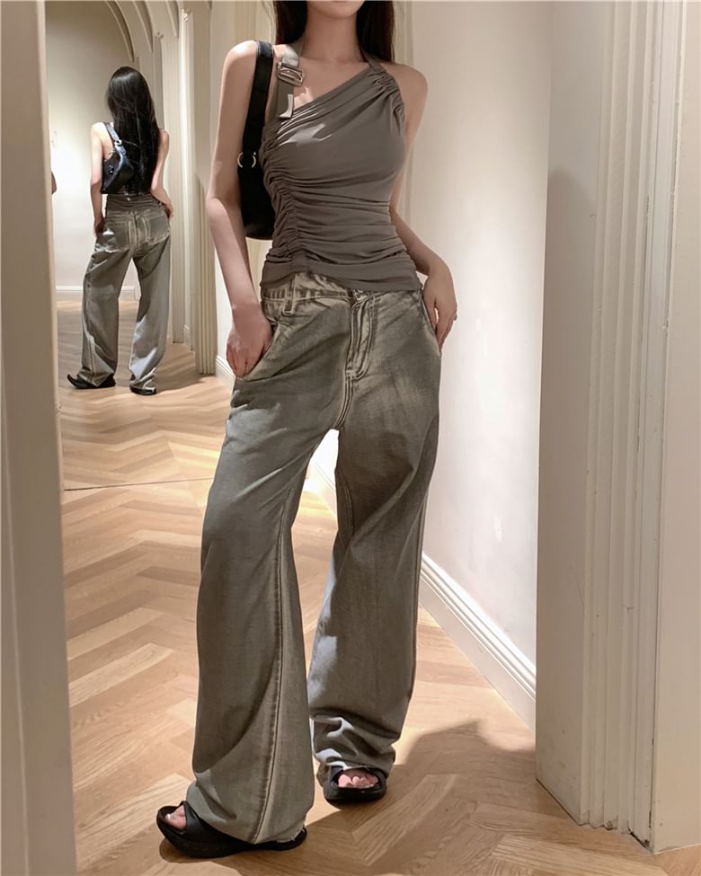 Neck Washed Jeans / Wide Leg Top Plain Asymmetrical Open Halter High Buckled Ruched Waist Back