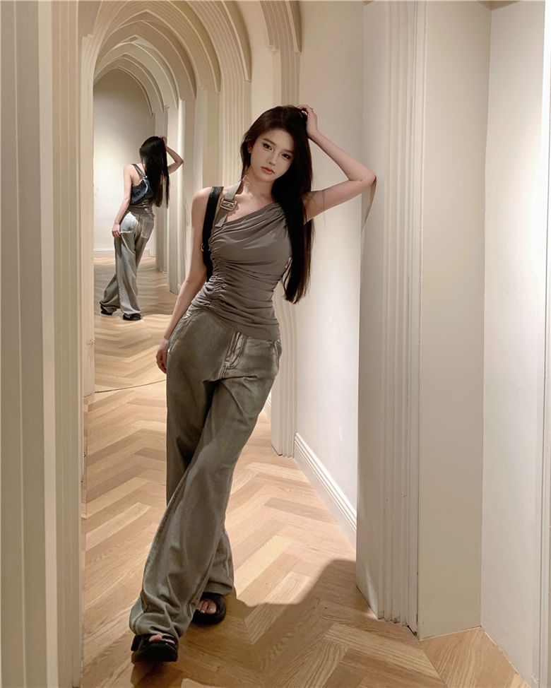 Neck Washed Jeans / Wide Leg Top Plain Asymmetrical Open Halter High Buckled Ruched Waist Back