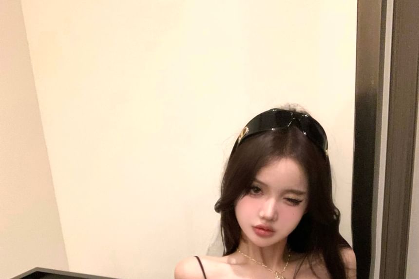 Bodysuit Bow V-Neck Lace Panel Accent Strap Spaghetti Top