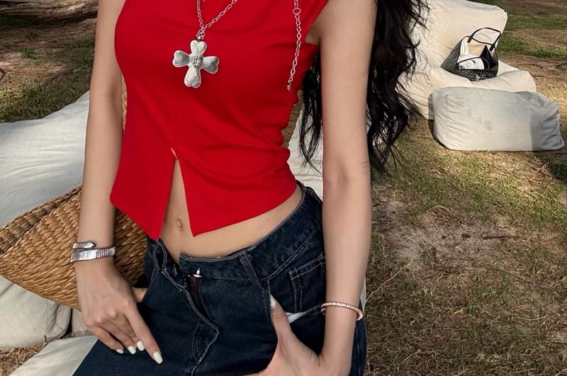Collared Top Zipped Crop Sleeveless Plain Slim Slit Fit