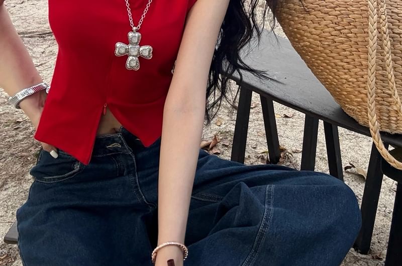 Collared Top Zipped Crop Sleeveless Plain Slim Slit Fit