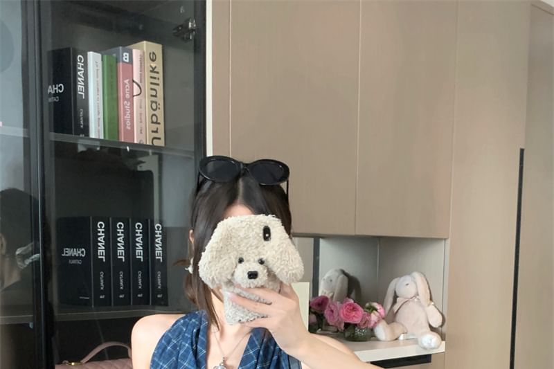 Panel Open Plaid Cowl Crop Back Neck Top Halter