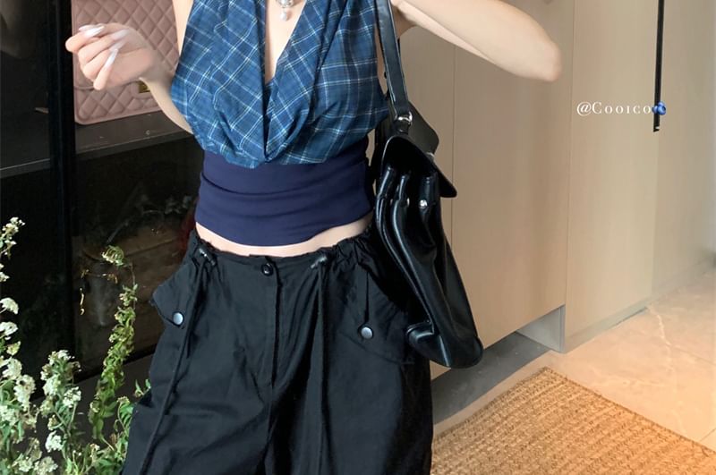 Panel Open Plaid Cowl Crop Back Neck Top Halter