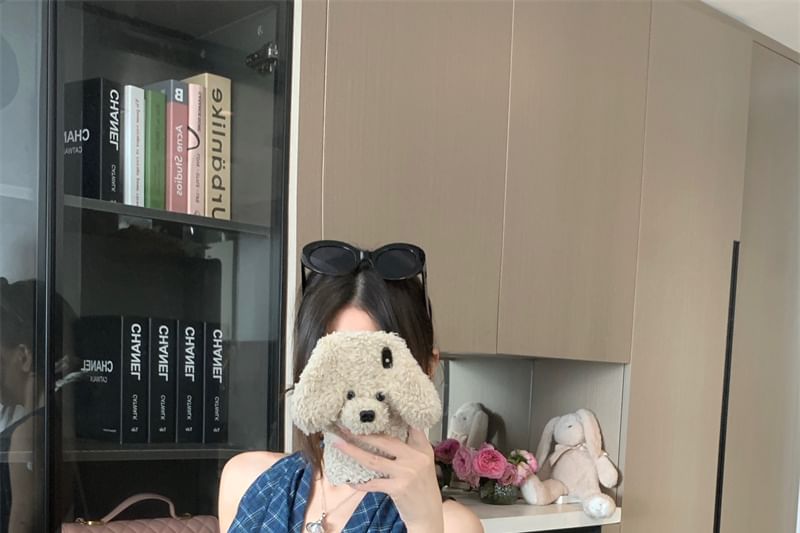 Panel Open Plaid Cowl Crop Back Neck Top Halter