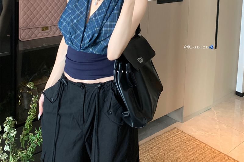 Panel Open Plaid Cowl Crop Back Neck Top Halter