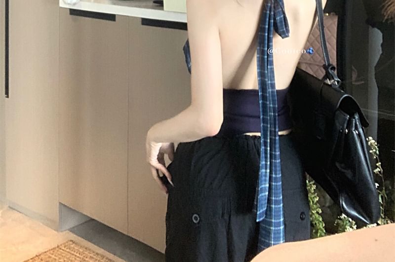 Panel Open Plaid Cowl Crop Back Neck Top Halter