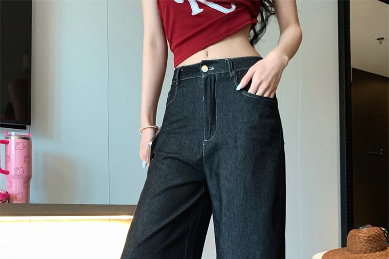 Tube Print Shawl High Plain Lettering Jeans Top Panel Rise / Crop Wide Denim Leg