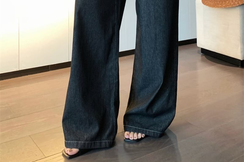 Tube Print Shawl High Plain Lettering Jeans Top Panel Rise / Crop Wide Denim Leg