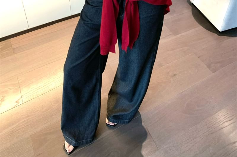 Tube Print Shawl High Plain Lettering Jeans Top Panel Rise / Crop Wide Denim Leg