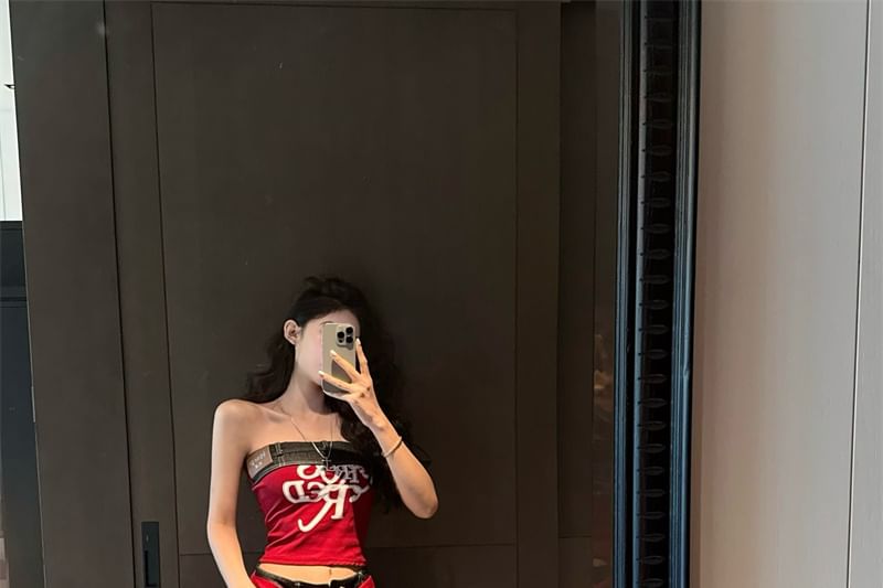 Tube Print Shawl High Plain Lettering Jeans Top Panel Rise / Crop Wide Denim Leg