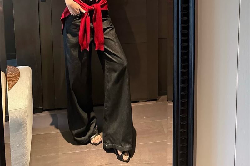 Tube Print Shawl High Plain Lettering Jeans Top Panel Rise / Crop Wide Denim Leg