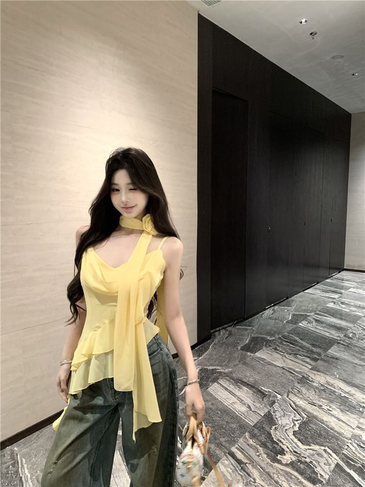 + Plain Ruffle Hem Top Camisole Crop Asymmetrical Scarf Set: V-Neck