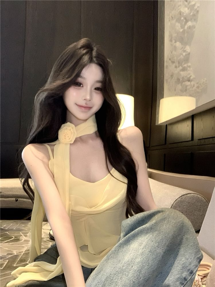 + Plain Ruffle Hem Top Camisole Crop Asymmetrical Scarf Set: V-Neck