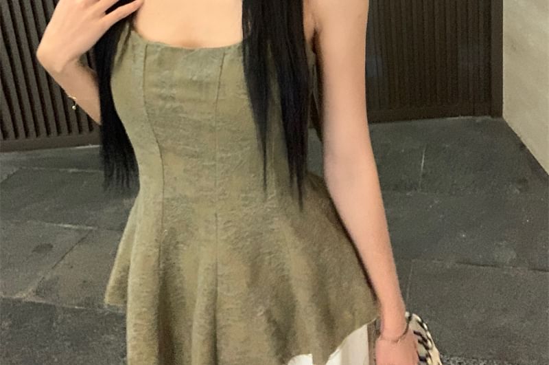 Neck Frayed Tank Jacquard Asymmetrical Peplum Top Scoop