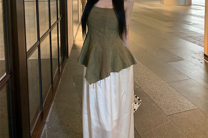 Neck Frayed Tank Jacquard Asymmetrical Peplum Top Scoop