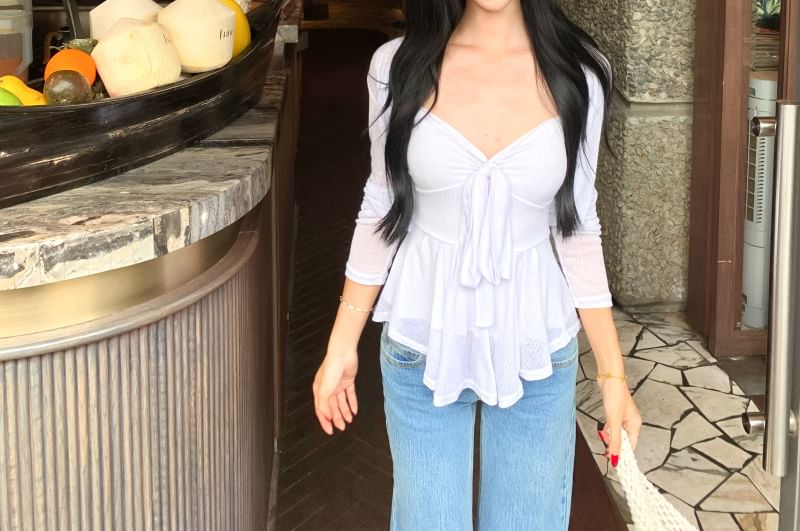 Peplum Top V-Neck Accent Crop Cardigan Cami Set: Bow Plain +