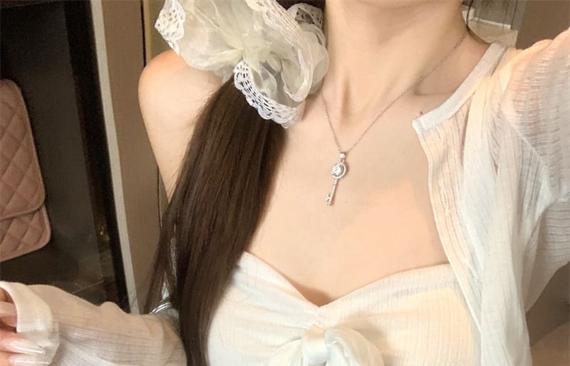 Bow Cardigan Plain Sweetheart Accent Crop Neck Top Button-Up / Tube Neckline Flowy Round