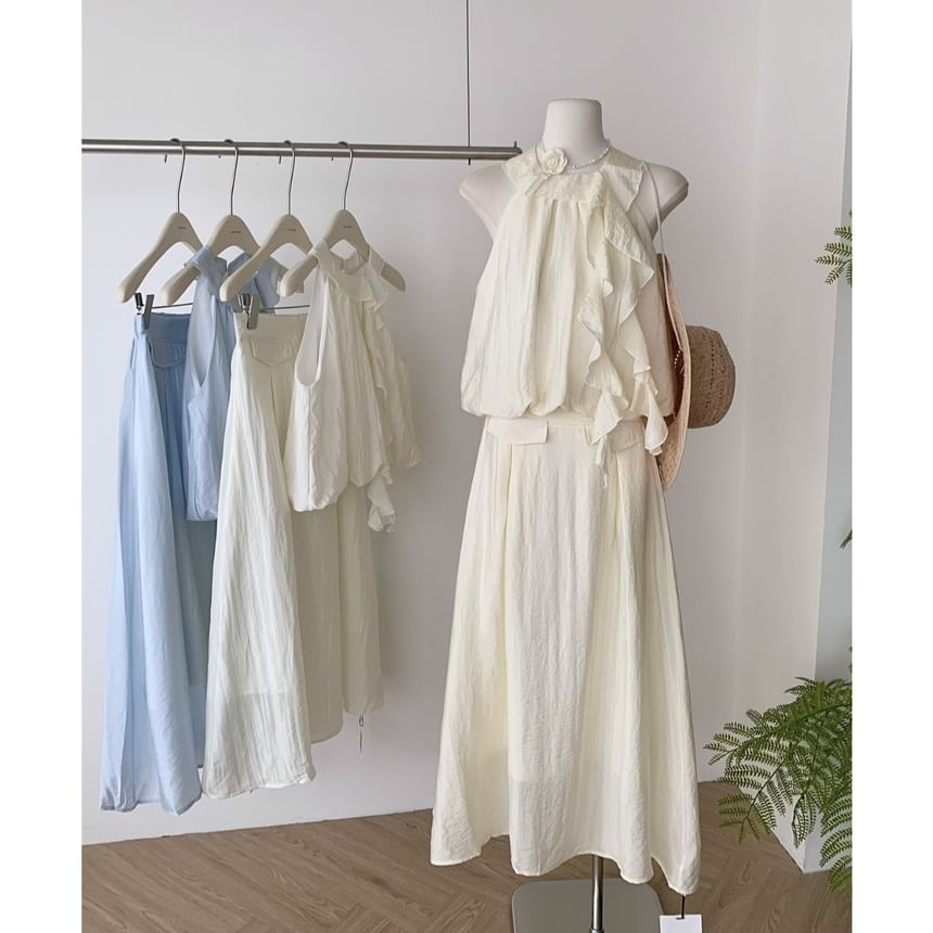 Blouse + Set: Rise Plain Halter Skirt High A-Line Ruffle Midi