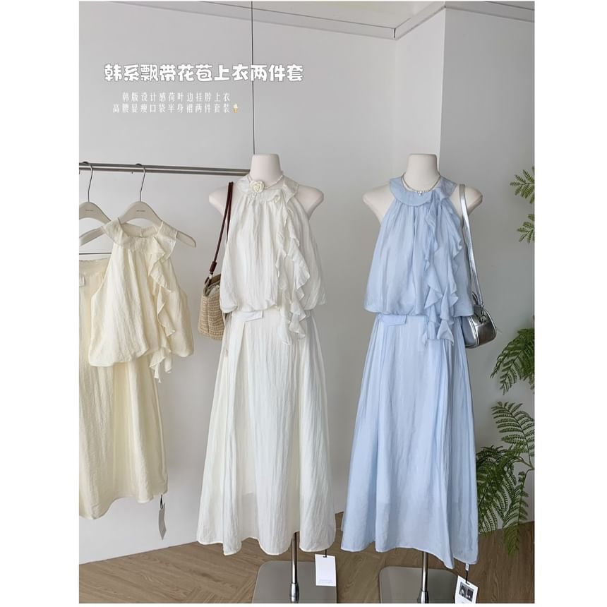 Blouse + Set: Rise Plain Halter Skirt High A-Line Ruffle Midi