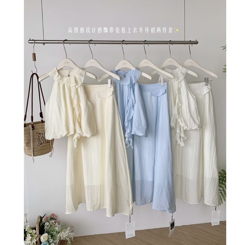 Blouse + Set: Rise Plain Halter Skirt High A-Line Ruffle Midi