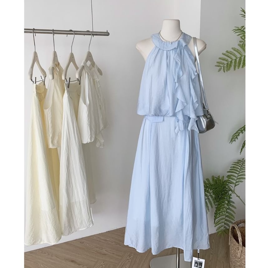 Blouse + Set: Rise Plain Halter Skirt High A-Line Ruffle Midi
