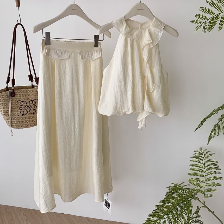 Blouse + Set: Rise Plain Halter Skirt High A-Line Ruffle Midi