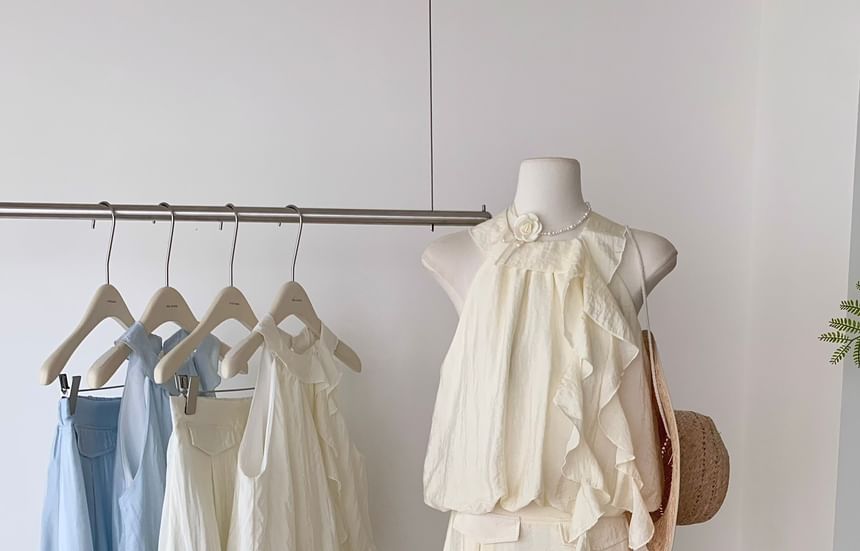 Blouse + Set: Rise Plain Halter Skirt High A-Line Ruffle Midi