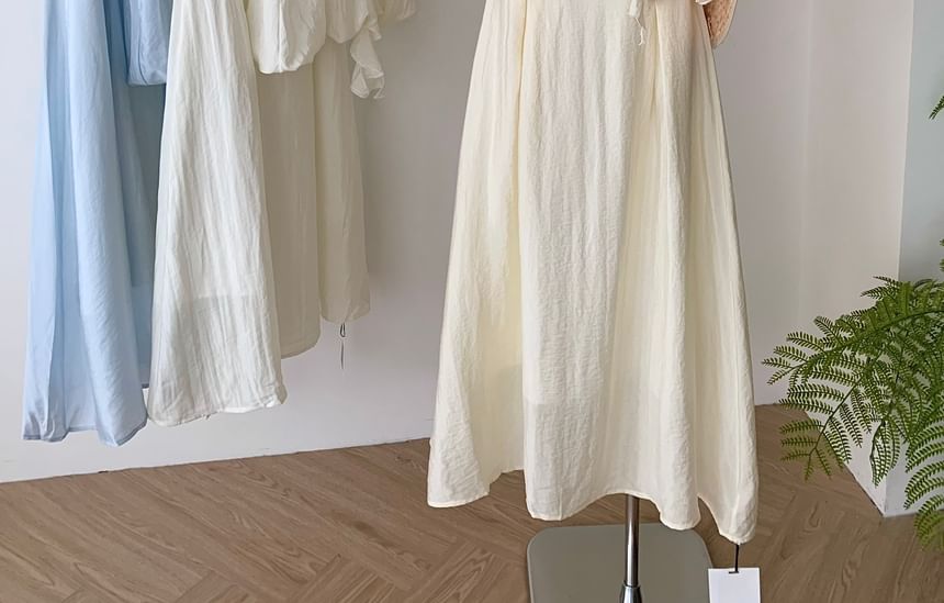 Blouse + Set: Rise Plain Halter Skirt High A-Line Ruffle Midi