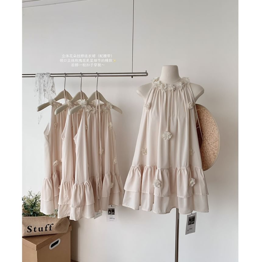Detail Flower Ruffle Mini Halter Sundress Plain