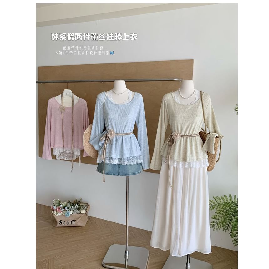 Neck Trim Long-Sleeve Plain Tee Round Lace