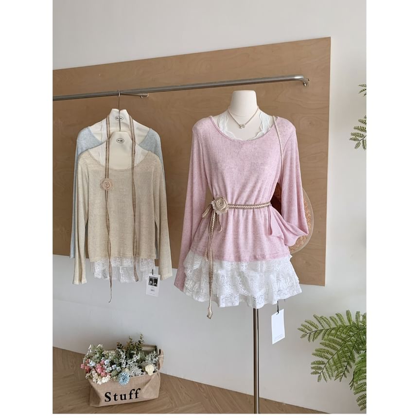 Neck Trim Long-Sleeve Plain Tee Round Lace