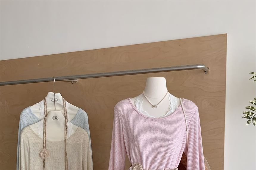 Neck Trim Long-Sleeve Plain Tee Round Lace