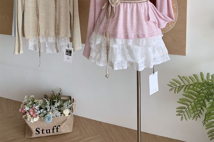 Neck Trim Long-Sleeve Plain Tee Round Lace