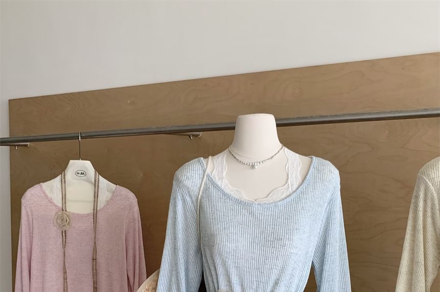 Neck Trim Long-Sleeve Plain Tee Round Lace